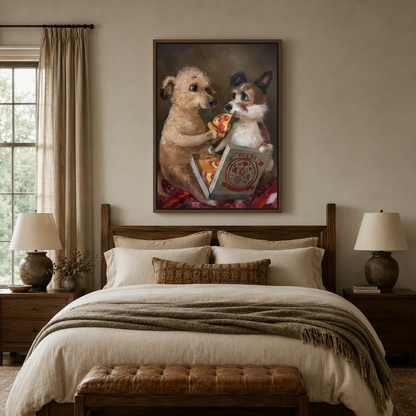  Funny poodle and cat pizza canvas wall art displayed above bed in cozy neutral bedroom with walnut headboard
