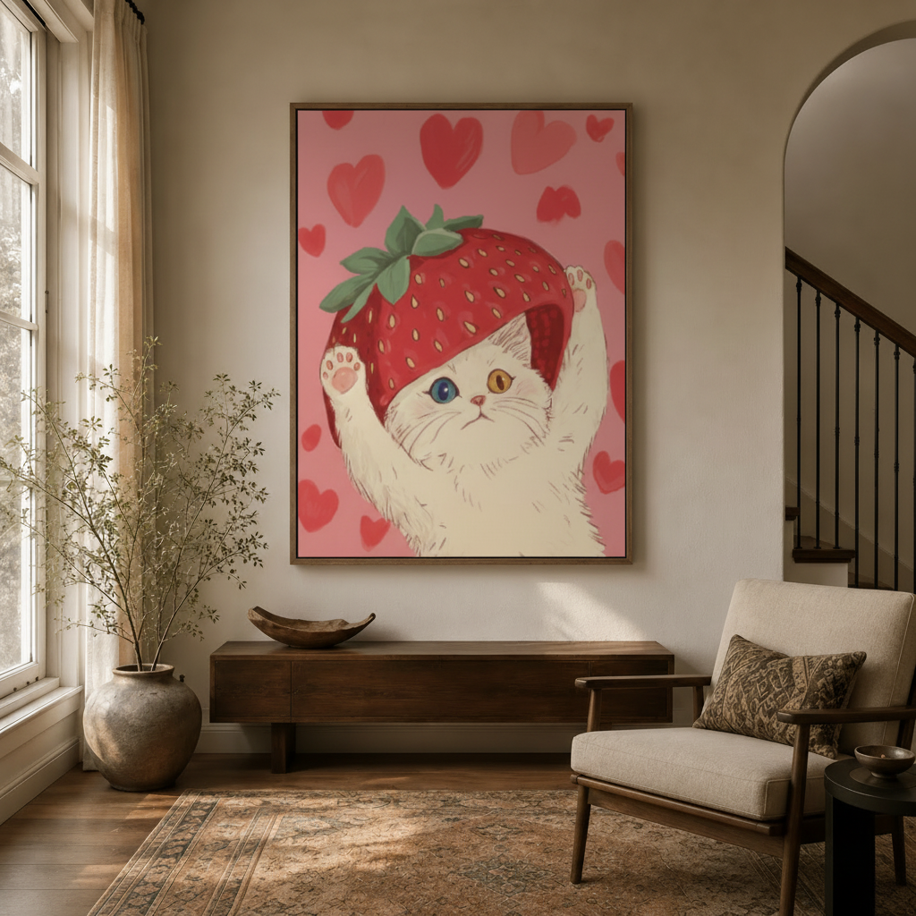 Strawberry cat kawaii canvas wall art in dark walnut float frame above entryway console with dried branch arrangement and warm natural light