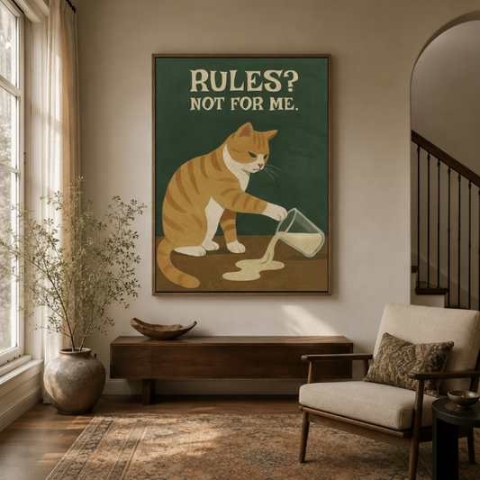 Humorous retro cat wall art in dark walnut frame styled in a warm neutral entryway with dried branches