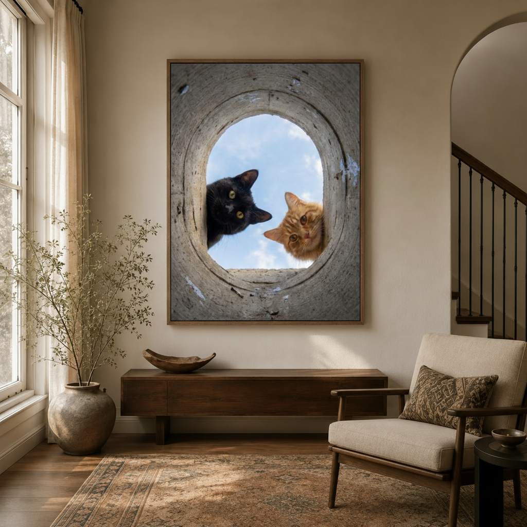 Playful two cats canvas wall art displayed in warm entryway with wooden console and arched doorway