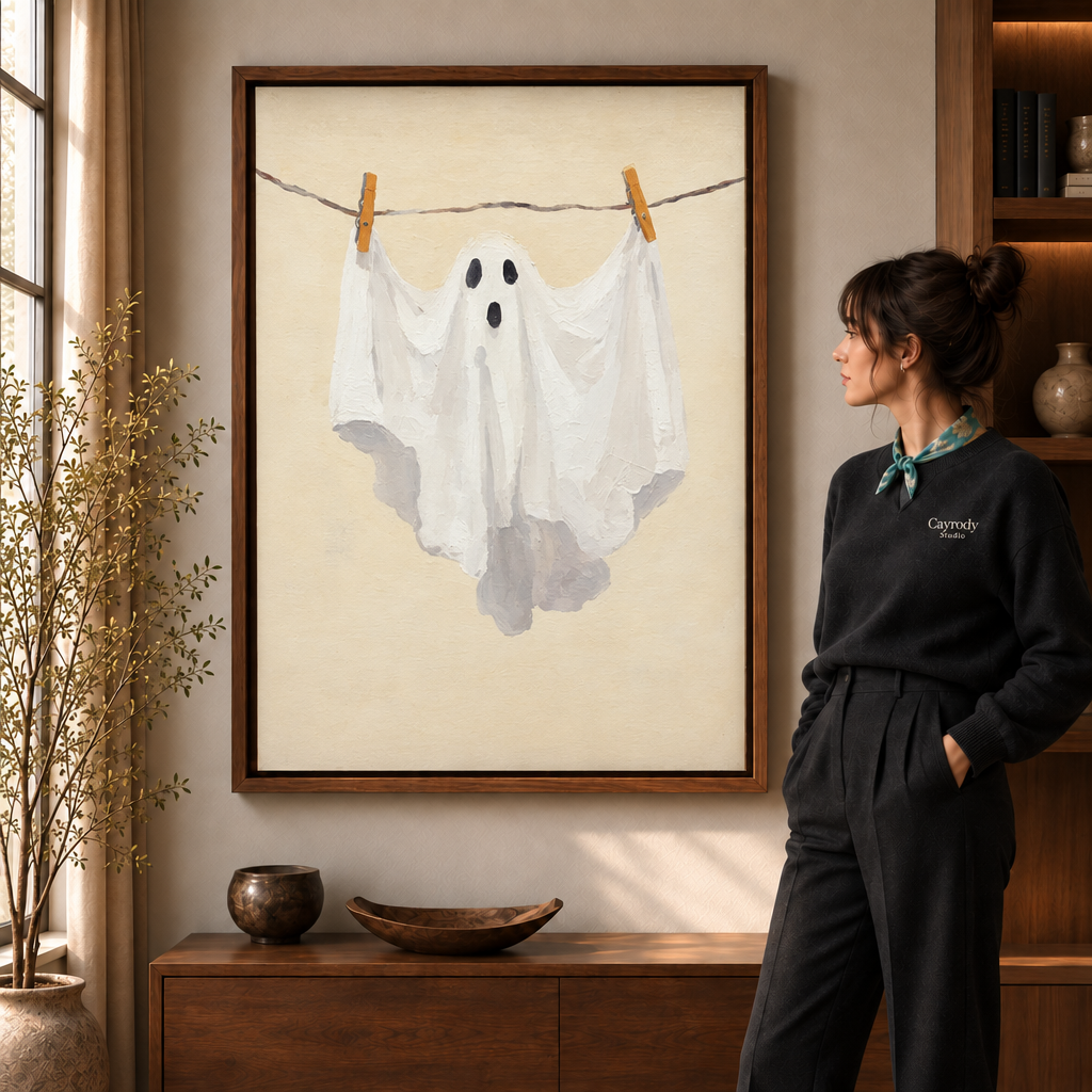 Clothesline ghost canvas art in a walnut frame beside a woman wearing a scarf.