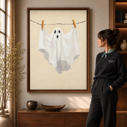 Clothesline ghost canvas art in a walnut frame beside a woman wearing a scarf.