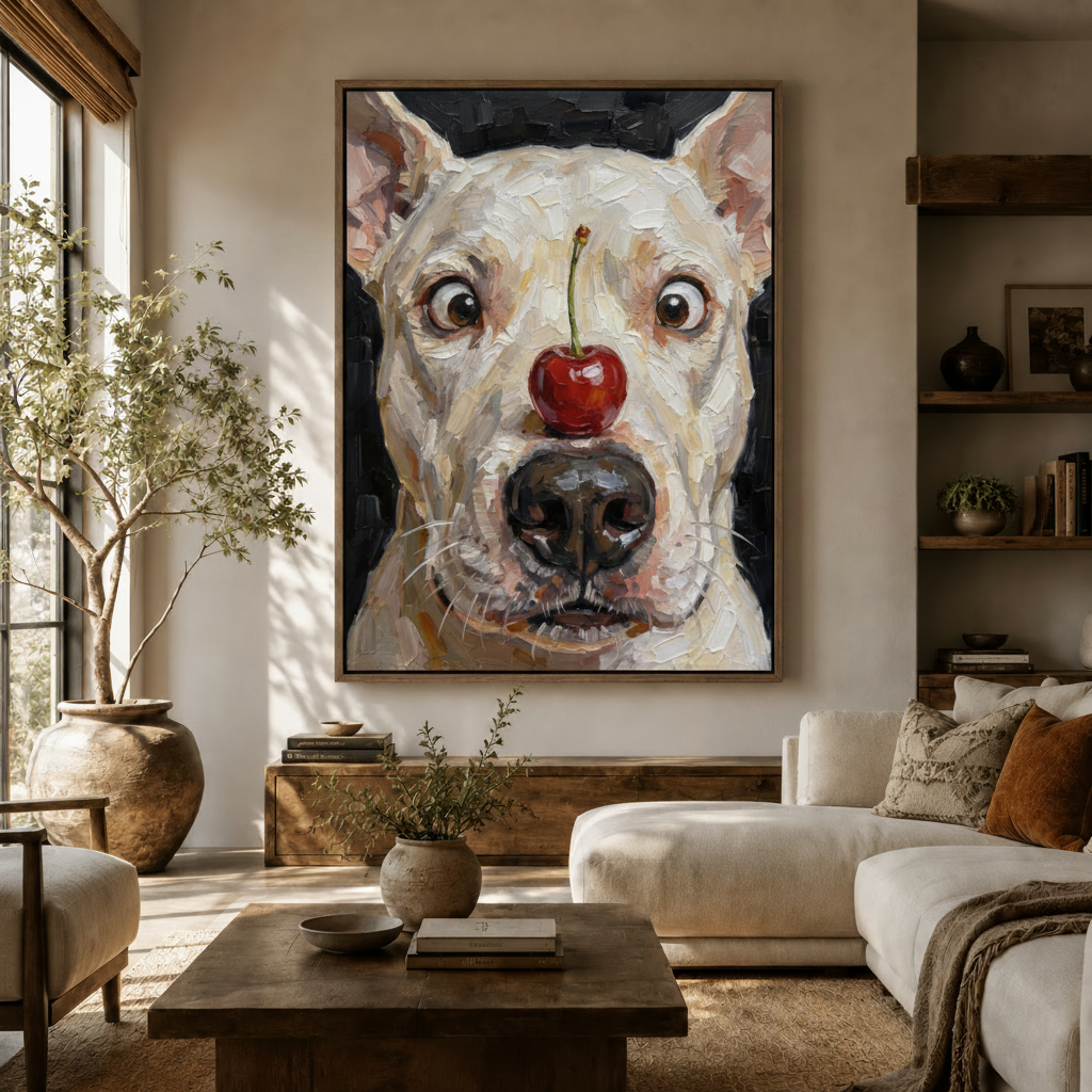 Funny dog cherry nose impasto oil painting canvas print above white sofa in neutral living room