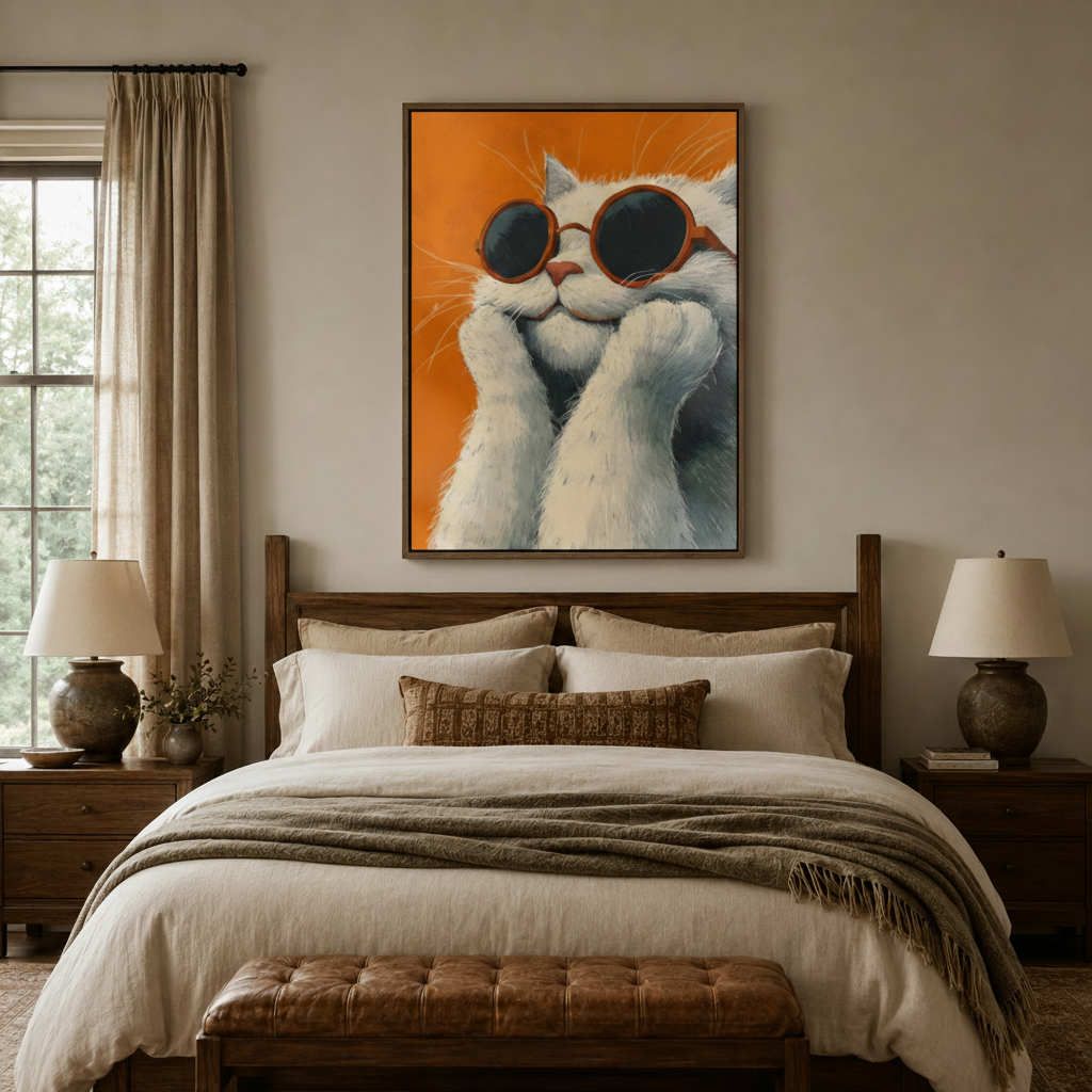 Cool cat retro canvas wall art with orange background displayed above bedroom headboard