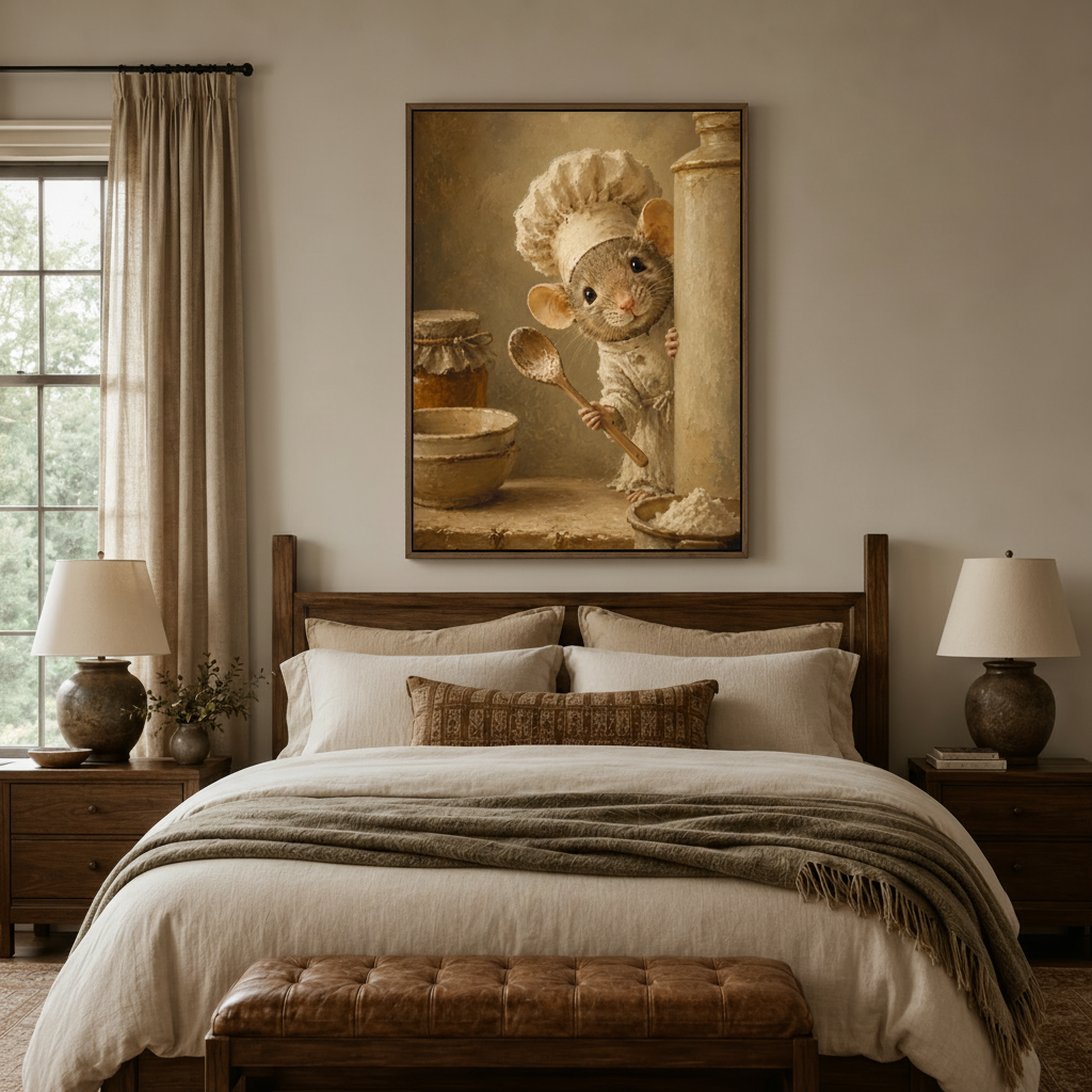 Charming mouse chef storybook antique canvas in dark walnut float frame above cozy neutral bedroom headboard