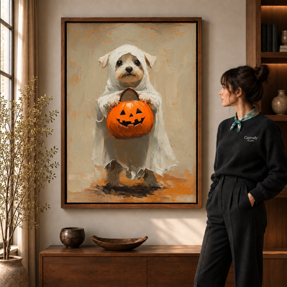 Walnut-framed ghost dog Halloween canvas art displayed beside a woman in a warm living room.