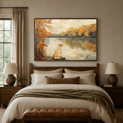 Golden retriever autumn lake impressionist canvas wall art displayed above warm neutral bedroom headboard