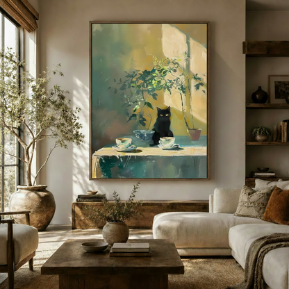 Cat still life canvas print hung in cozy living room above wooden sideboard with warm ambient lighting