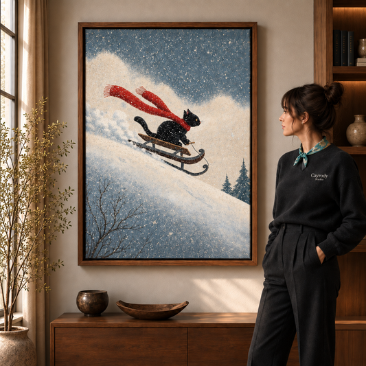 Black cat sledding canvas art in a walnut frame beside a woman wearing a scarf.