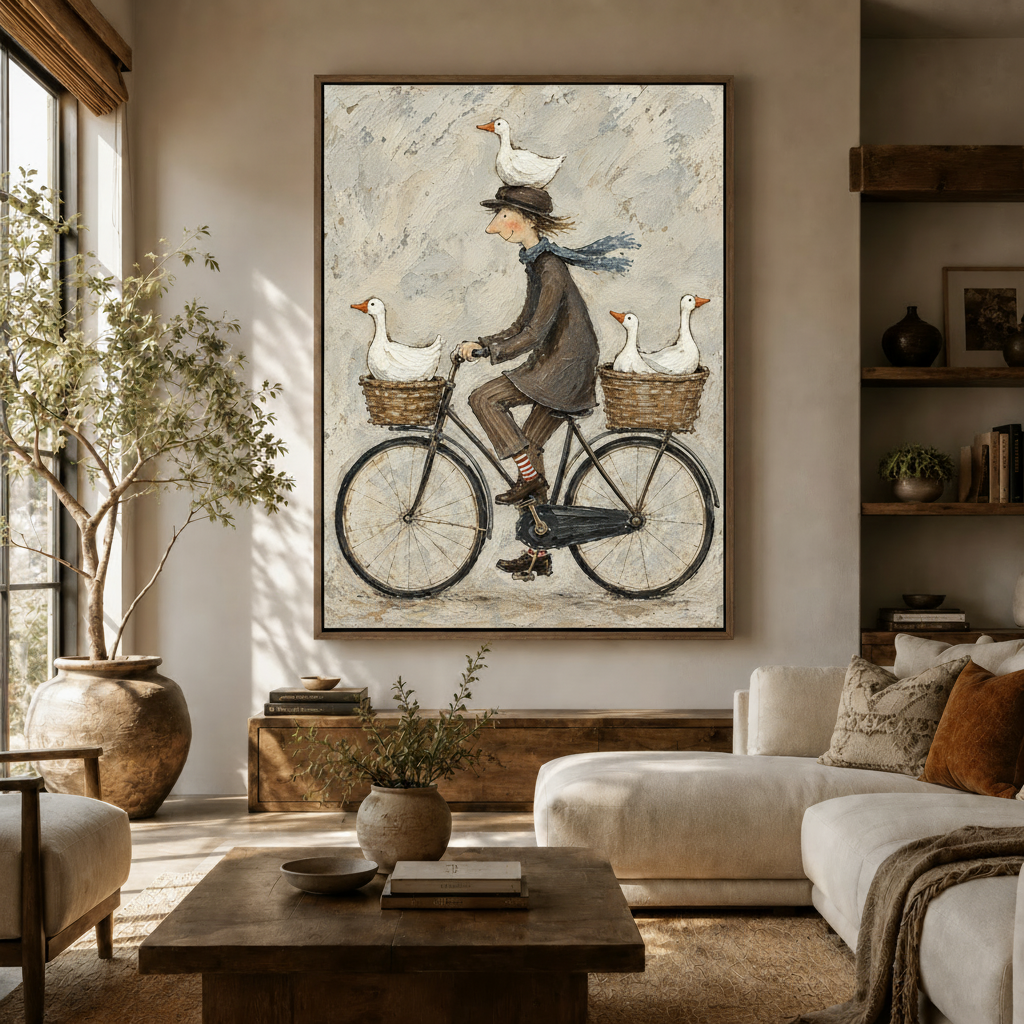Large framed folk art wall art of cyclist with geese hanging above white sofa in a bright living room
