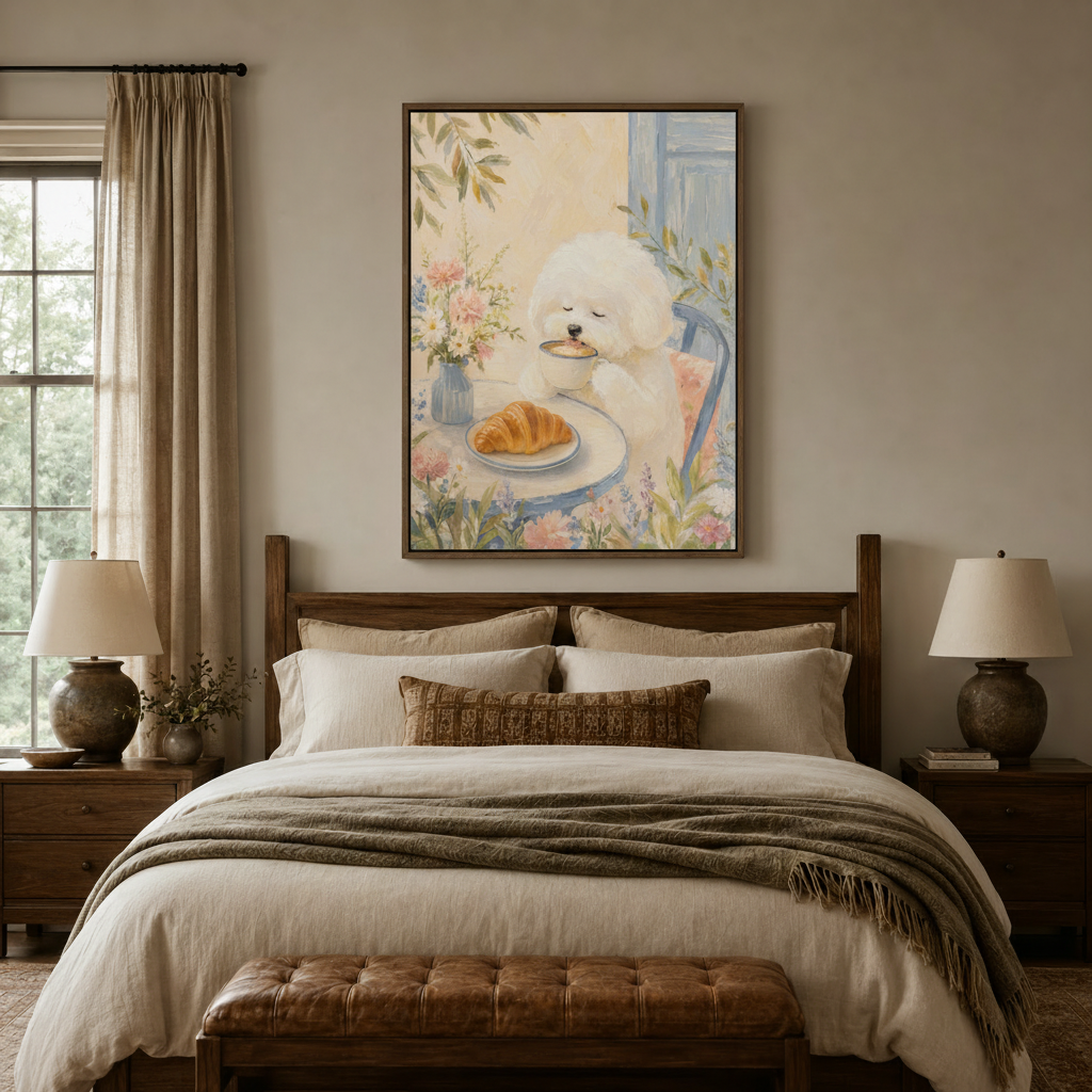 Framed Bichon Frise watercolor canvas wall art hung above wooden bed in warm neutral farmhouse bedroom