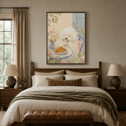 Framed Bichon Frise watercolor canvas wall art hung above wooden bed in warm neutral farmhouse bedroom