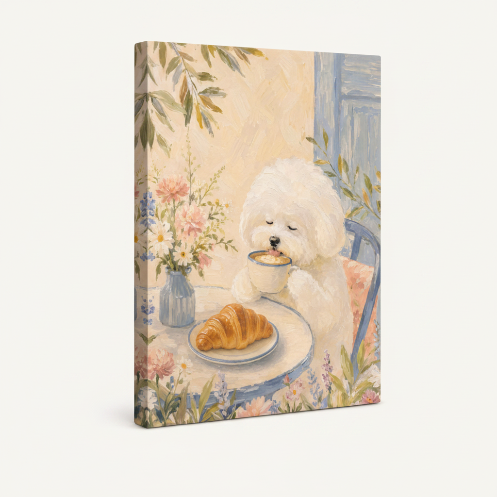 Gallery-wrapped canvas side view of French breakfast Bichon watercolor with dusty blue and blush floral background
