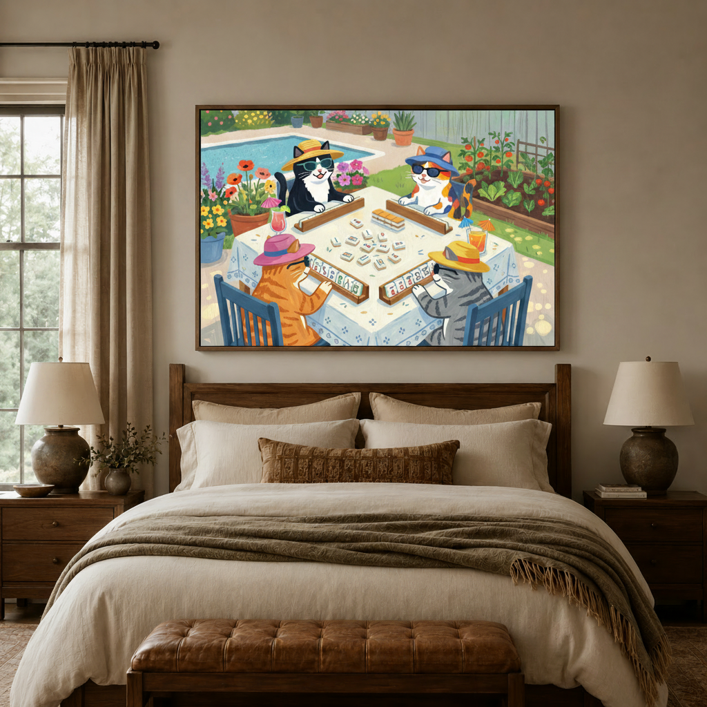 Cats mahjong garden party cartoon canvas wall art displayed above warm neutral bedroom headboard dark walnut frame