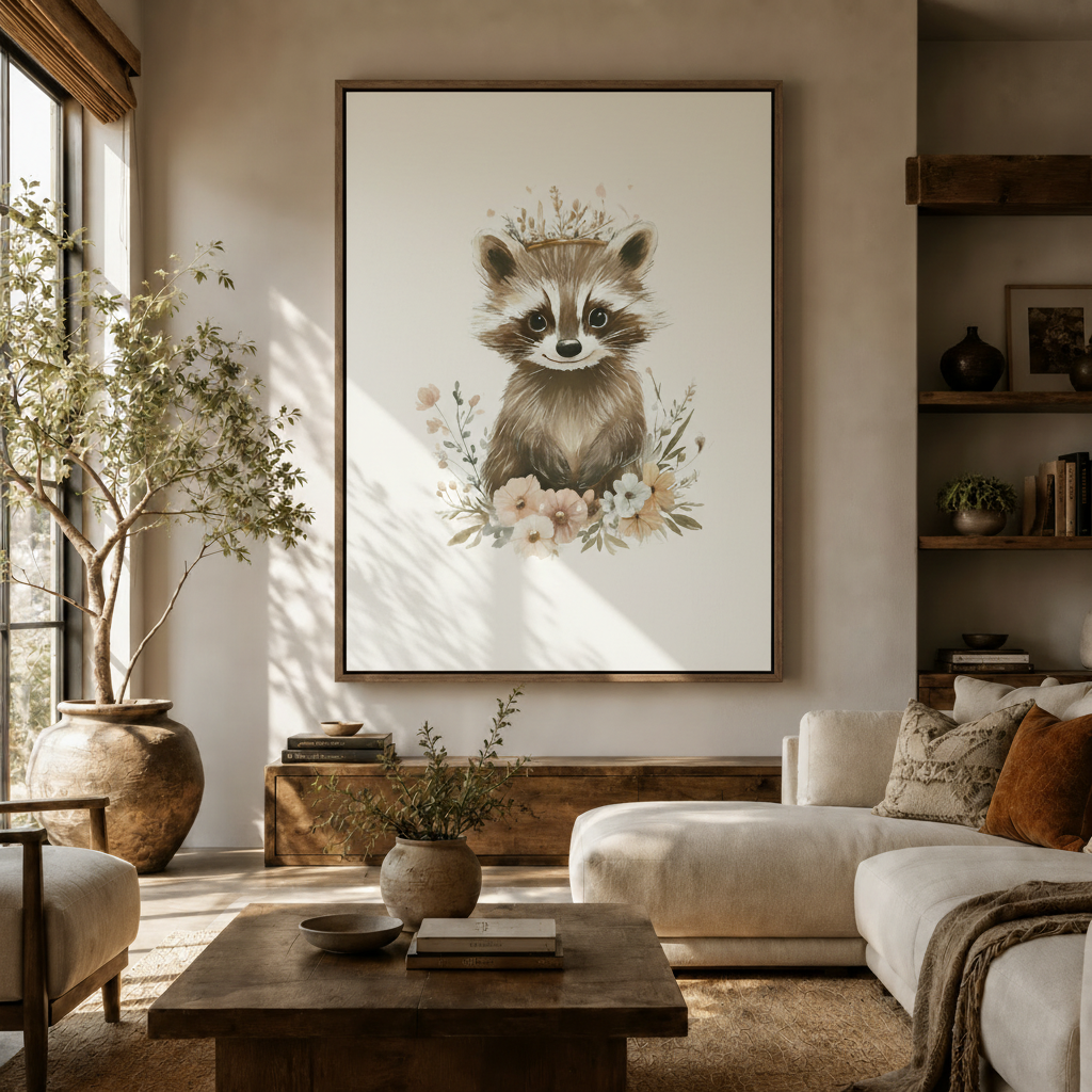 Watercolor raccoon nursery canvas print displayed in a warm neutral living room above a wooden console