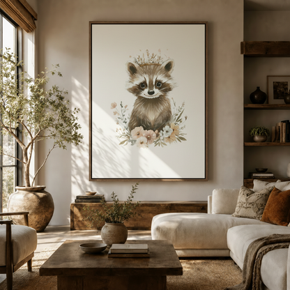 Watercolor raccoon nursery canvas print displayed in a warm neutral living room above a wooden console