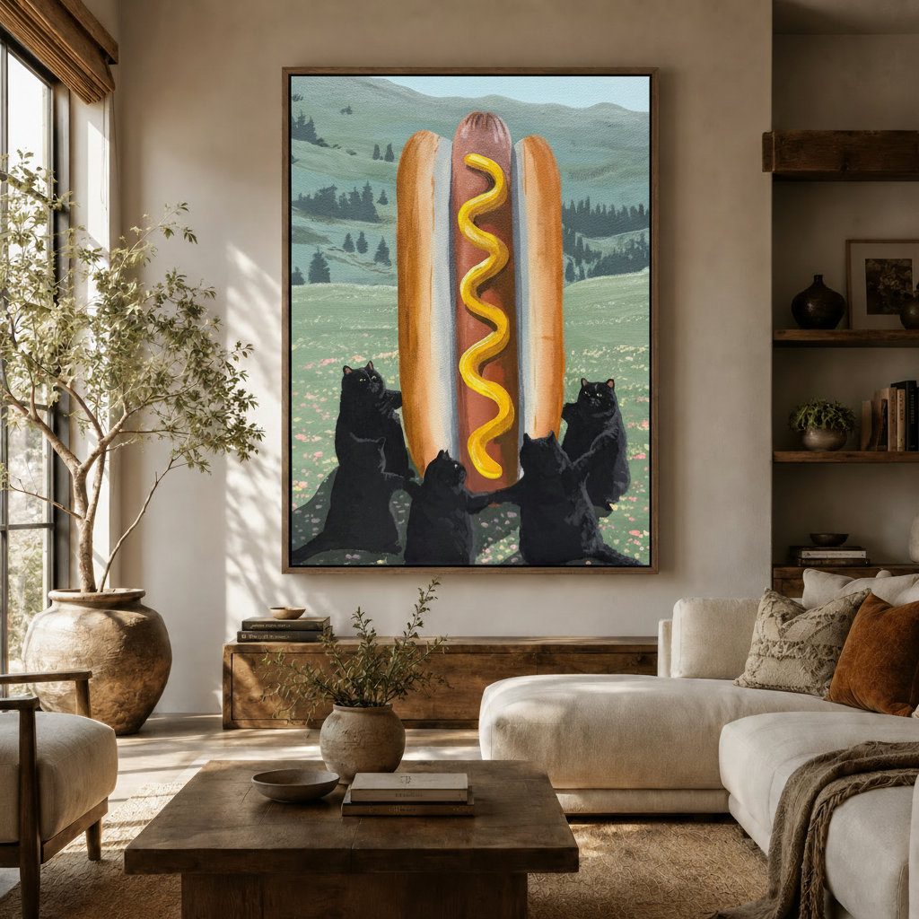 Funny black cats worshipping giant hot dog surreal canvas wall art in warm modern living room