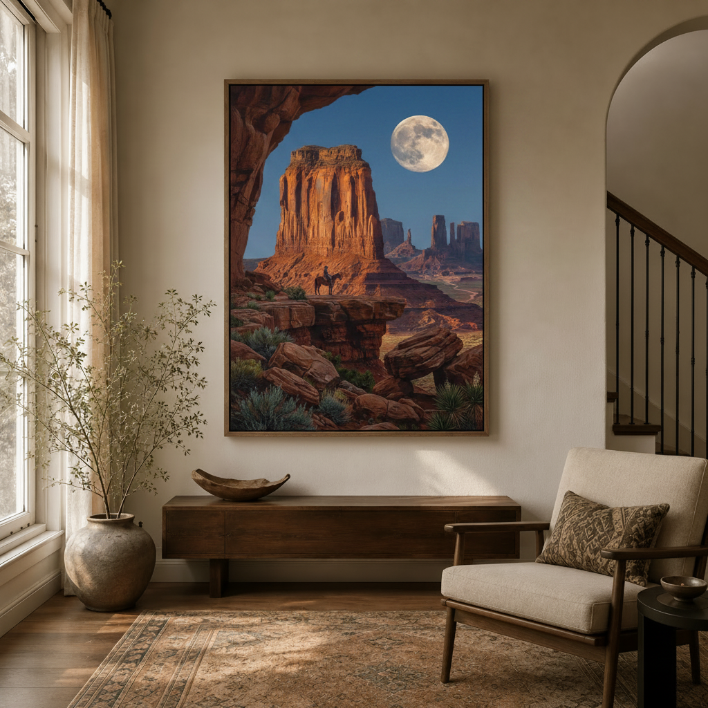 Western landscape wall art displayed in a warm entryway with a lone rider under a full moon above red canyon buttes