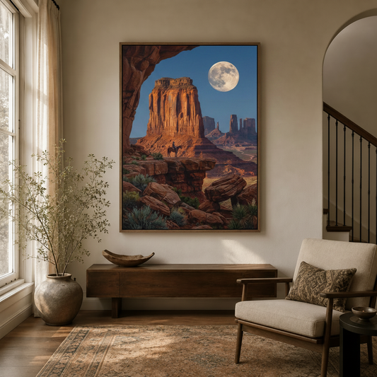 Western landscape wall art displayed in a warm entryway with a lone rider under a full moon above red canyon buttes