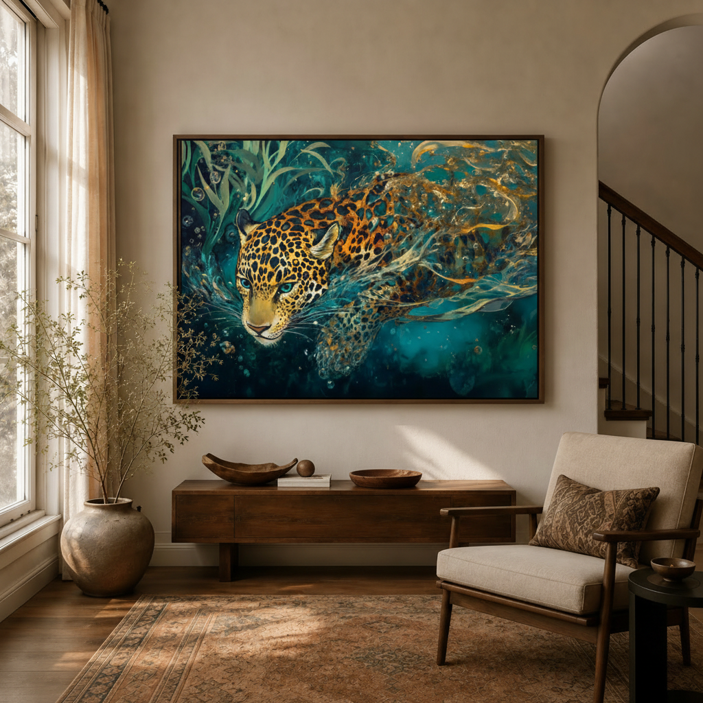 Jaguar swimming canvas wall art displayed in warm neutral living room with dried branch decor