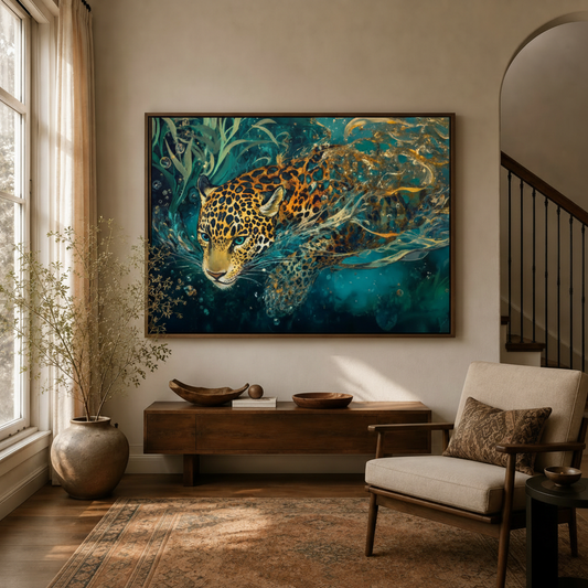 Jaguar swimming canvas wall art displayed in warm neutral living room with dried branch decor
