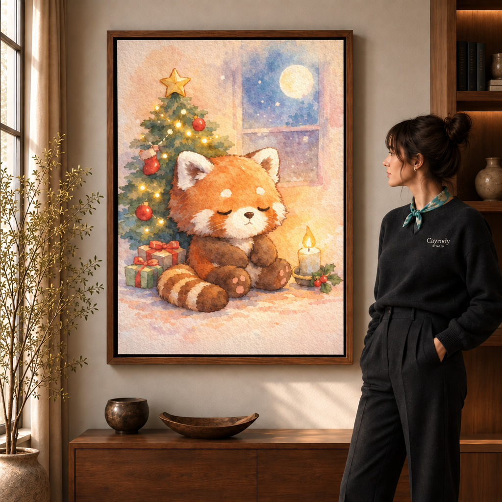 Sleepy raccoon Christmas canvas in a walnut frame beside a woman wearing a scarf.