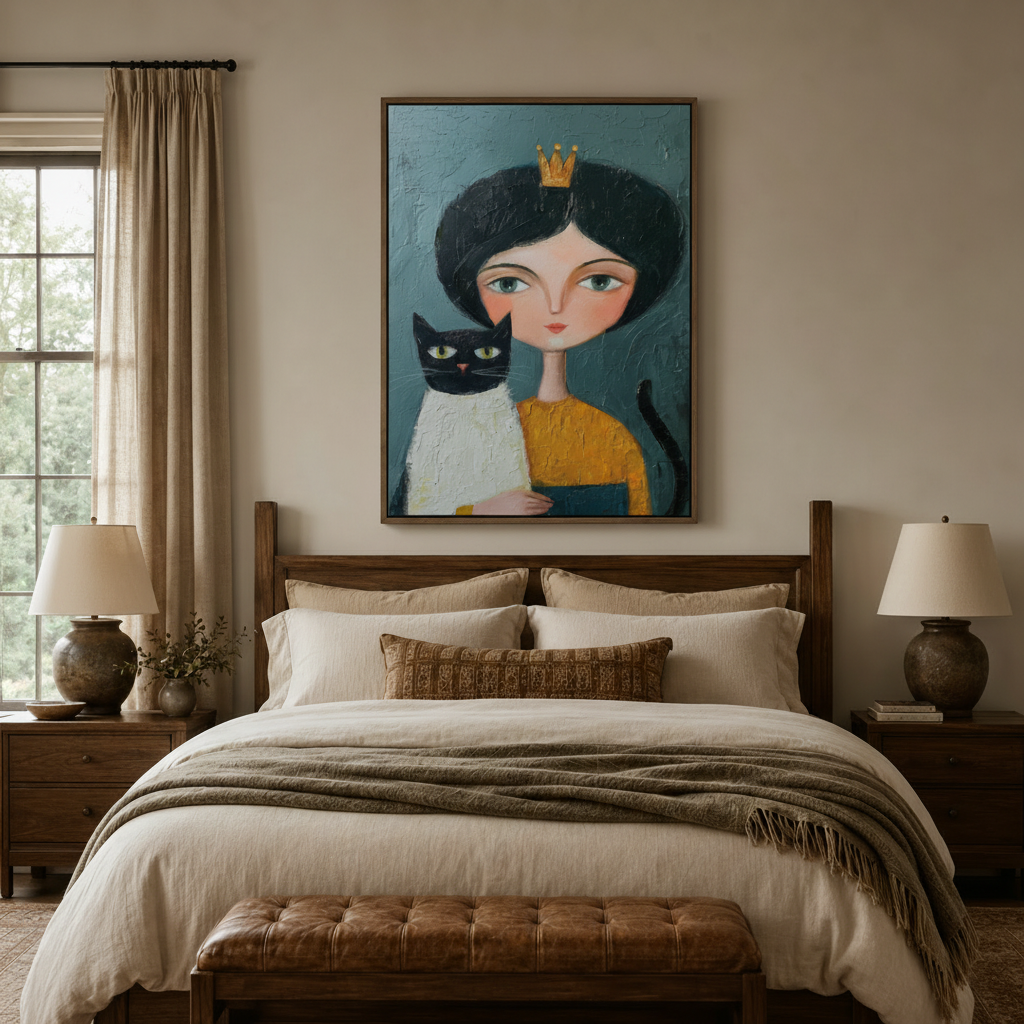 Girl gold crown black cat folk art canvas wall art displayed above bed in warm neutral bedroom