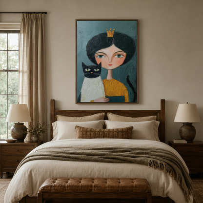 Girl gold crown black cat folk art canvas wall art displayed above bed in warm neutral bedroom