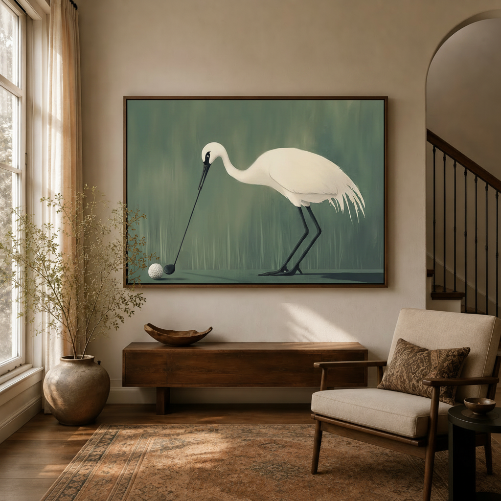 Funny egret golf canvas in dark walnut frame above wooden console in warm living room