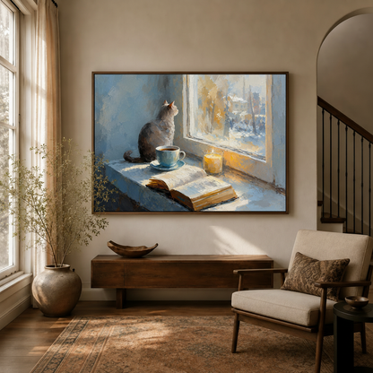 Framed cottagecore canvas wall art with cat and candle scene above walnut sideboard