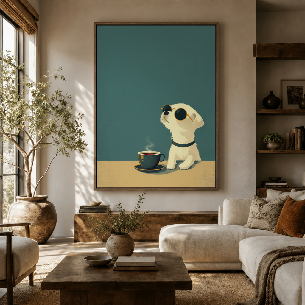 Minimalist retro dog with sunglasses and coffee canvas art above a neutral living room sofa