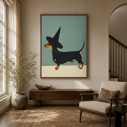 Dachshund witch hat canvas art displayed in a dark wood entryway beside a console table and ceramic vase