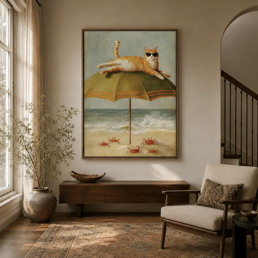 Cool cat sunglasses beach umbrella vintage canvas wall art above console in bright entryway with arched doorway and staircase