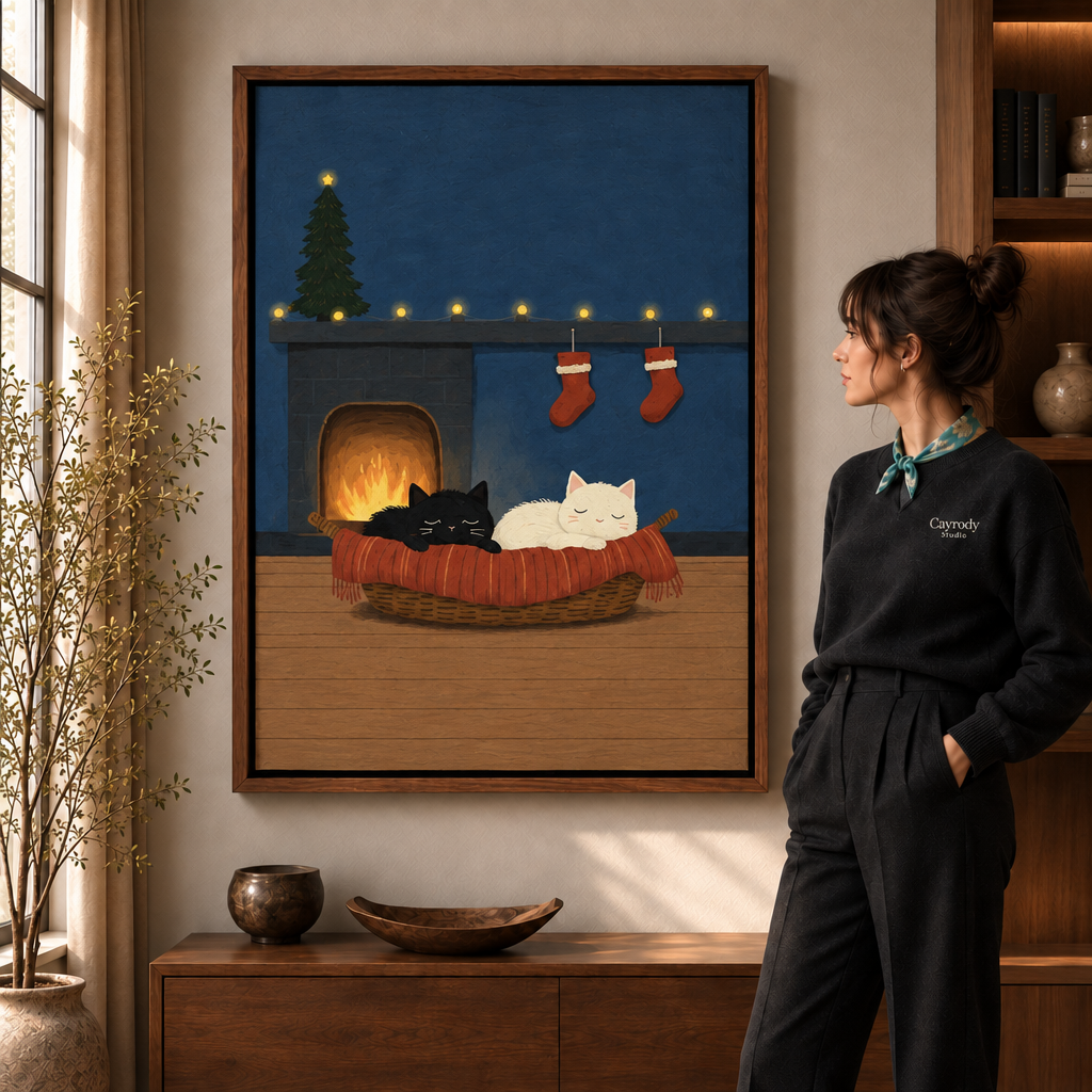 Christmas cats canvas art in a walnut frame beside a woman wearing a scarf.