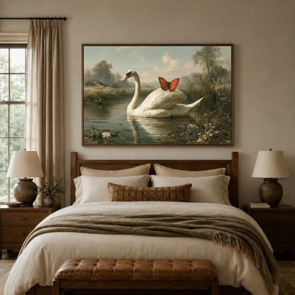 Classical swan butterfly lake canvas wall art in walnut float frame above cream linen bedroom headboard