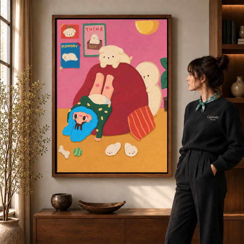 Whimsical pink room canvas art in a walnut frame beside a woman wearing a scarf.