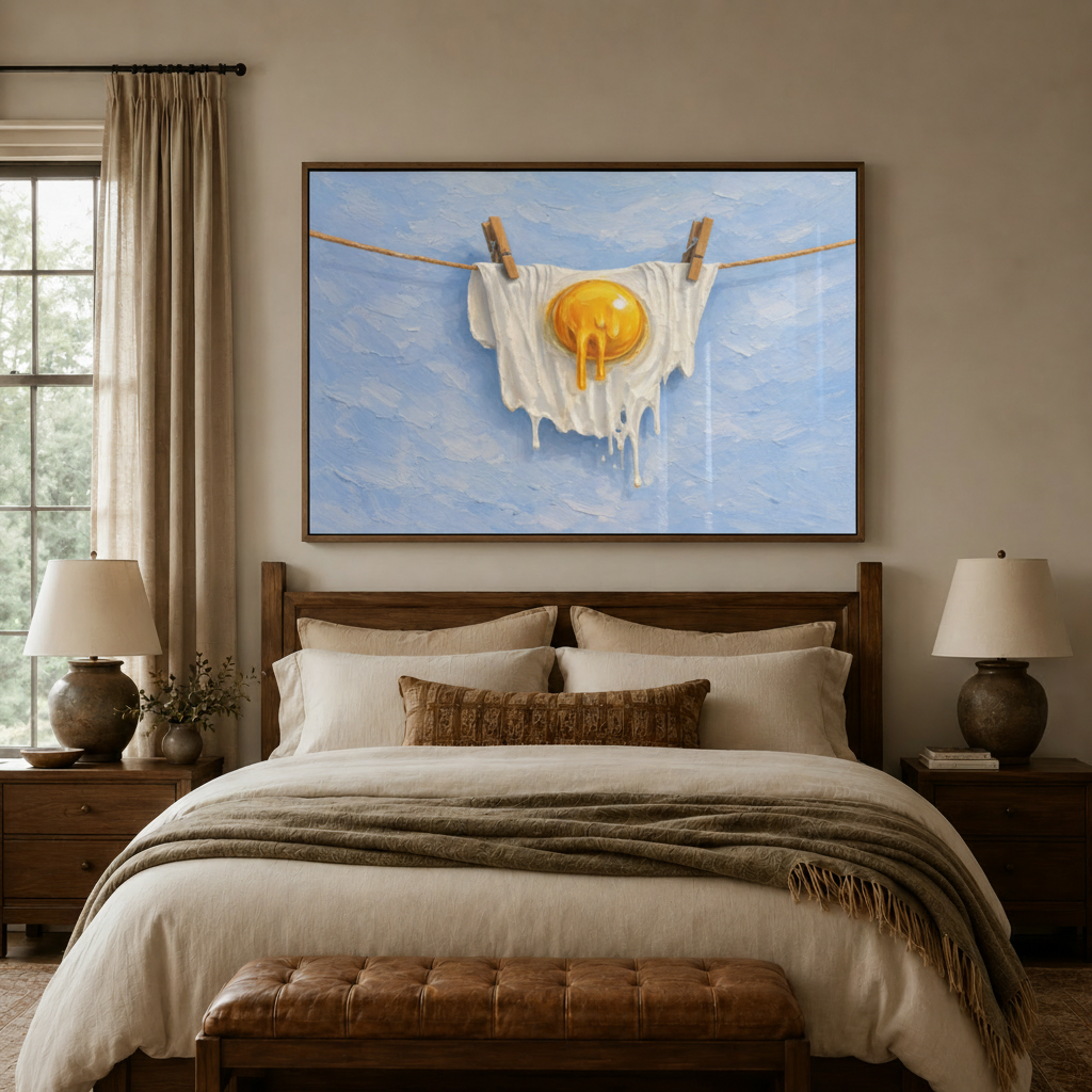 Surrealist fried egg clothesline impasto canvas wall art displayed above cozy neutral bedroom headboard