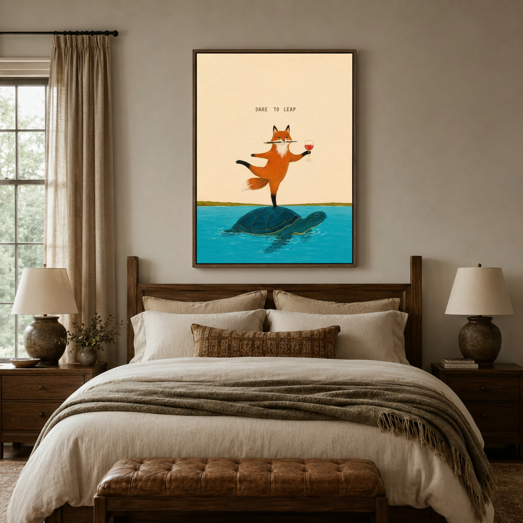 Fox balancing on sea turtle dare to leap minimalist canvas in walnut float frame above cozy neutral bedroom
