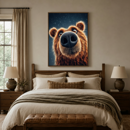 Funny bear nose close-up canvas art hanging above a bed in a cozy rustic farmhouse bedroom