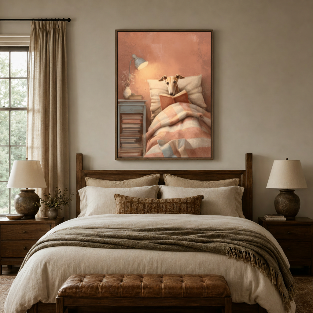 Whimsical greyhound reading canvas wall art displayed above bed in warm neutral farmhouse bedroom