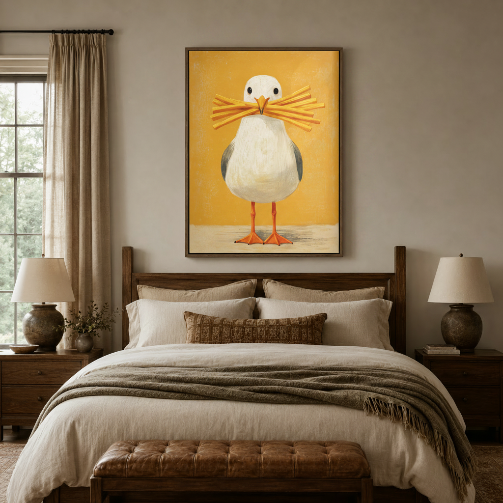 Quirky seagull french fries canvas print styled in a cozy bedroom gallery wall setting