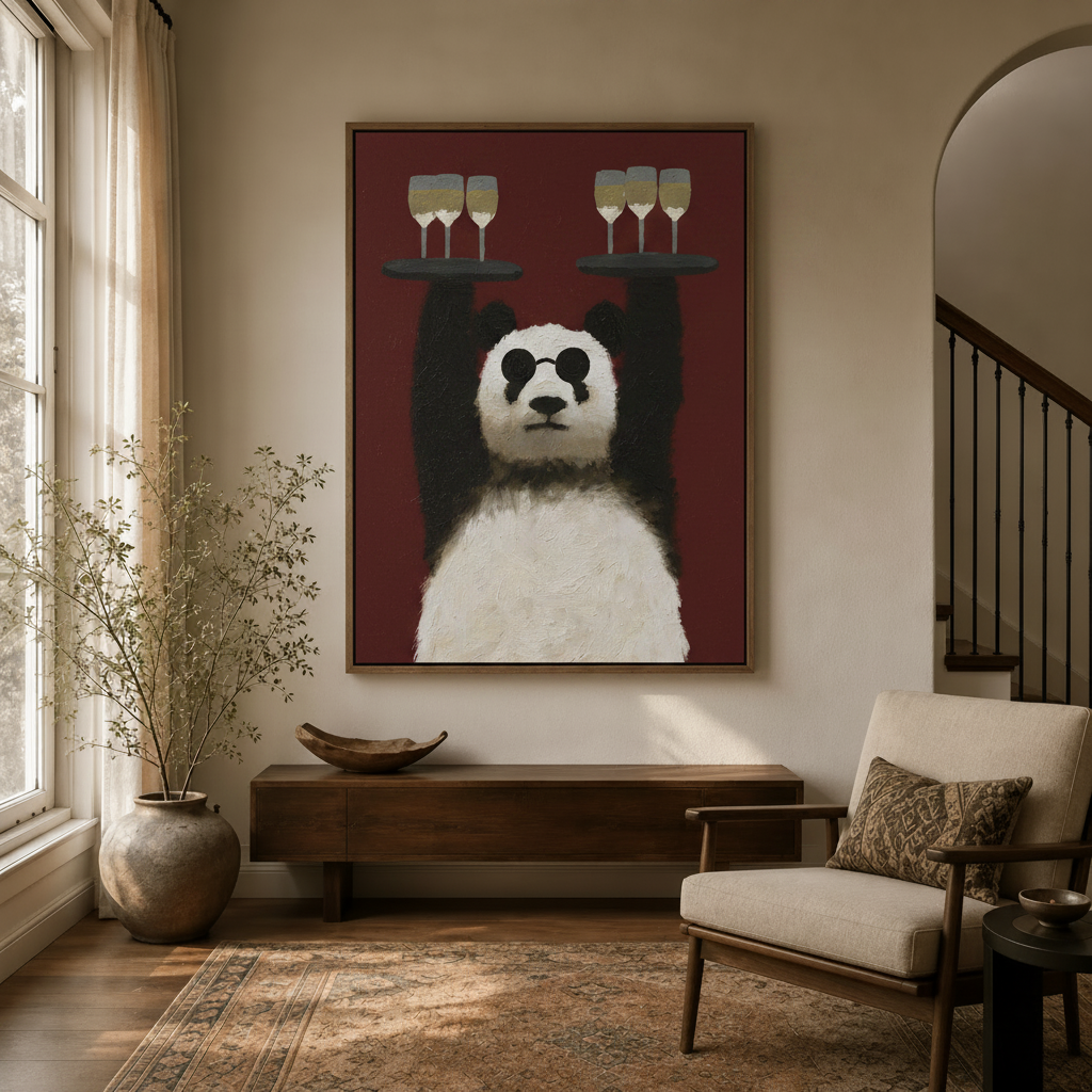 Funny panda waiter canvas wall art displayed in warm neutral entryway with arched doorway