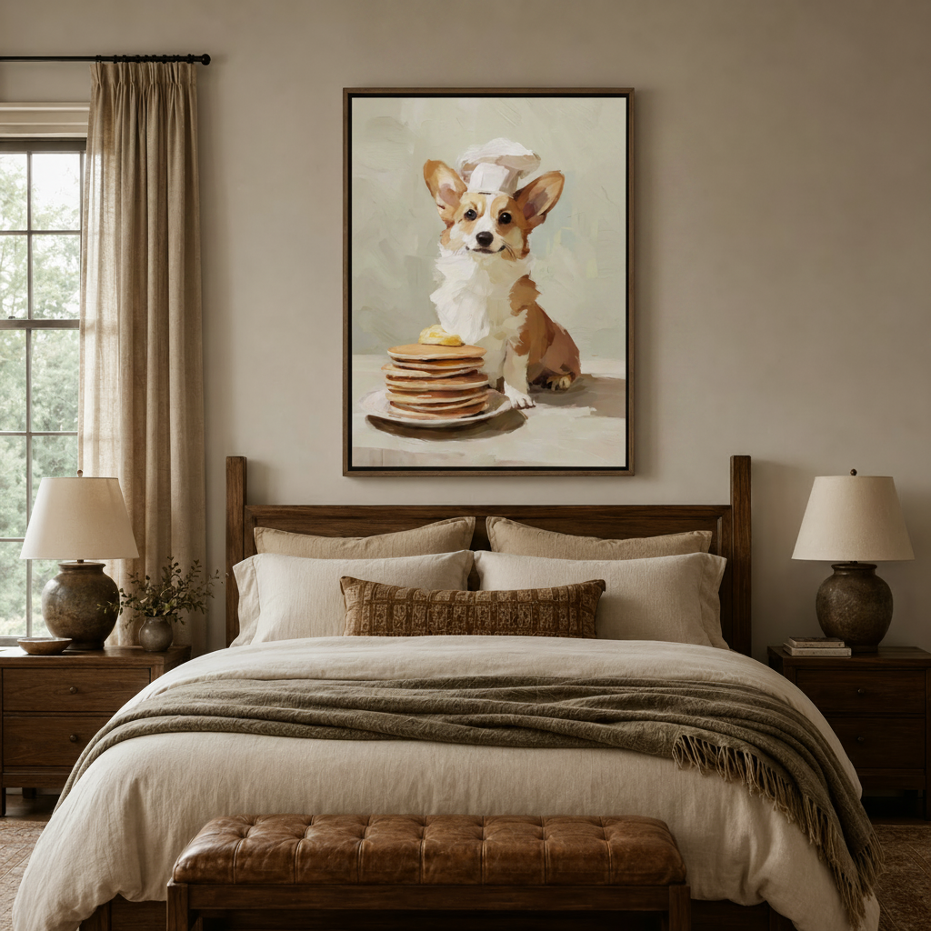 Corgi chef pancakes impressionist canvas wall art displayed above bed in cozy warm bedroom setting