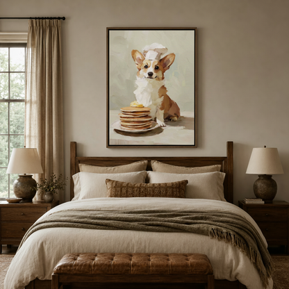 Corgi chef pancakes impressionist canvas wall art displayed above bed in cozy warm bedroom setting