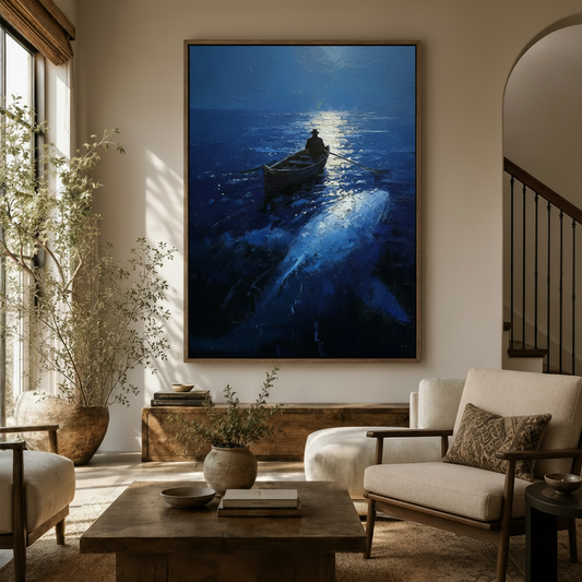 Blue whale and rowboat moonlit ocean canvas wall art in walnut frame in warm neutral sitting room