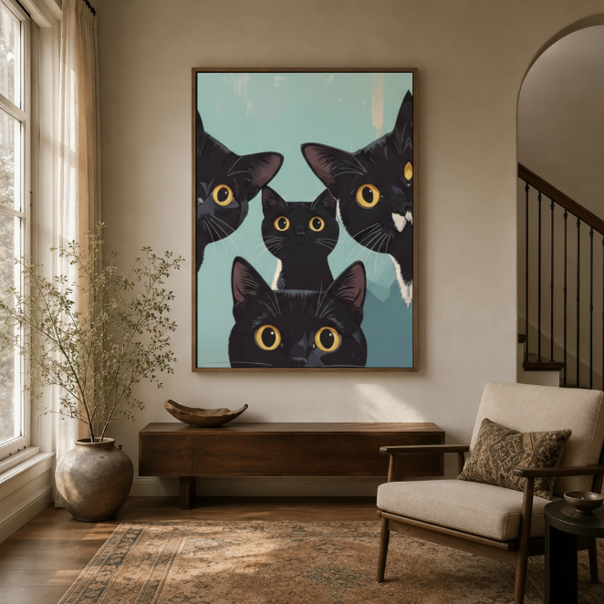 Four peeking black cats canvas art displayed in warm modern foyer above walnut console