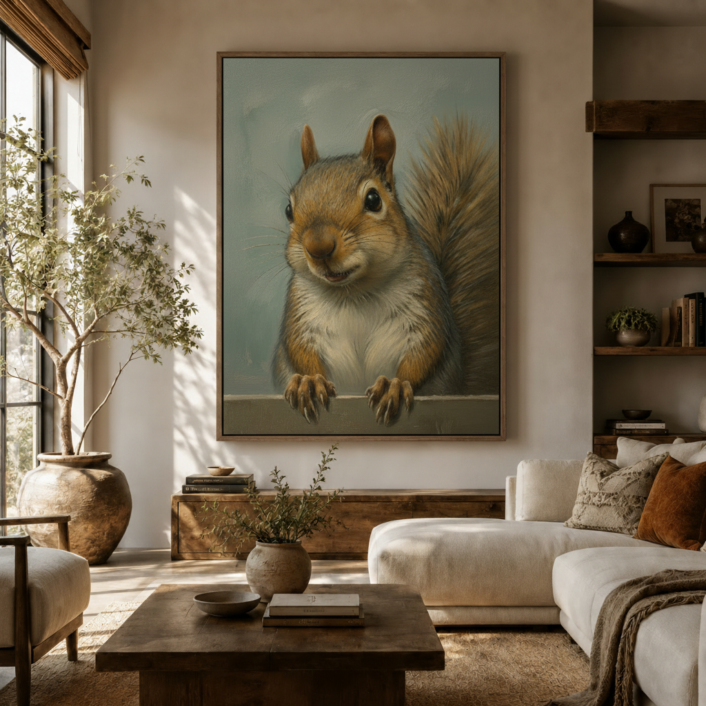 Oversized squirrel portrait canvas art above sofa in warm earthy boho living room with wood accents