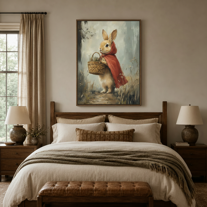 Red cape bunny meadow classical illustration canvas wall art displayed above bed in cozy warm bedroom
