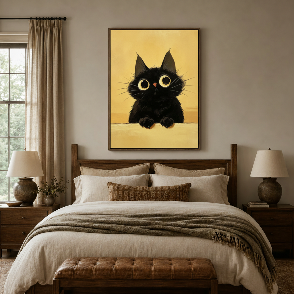 Cute black cat canvas wall art displayed above bed in cozy neutral bedroom
