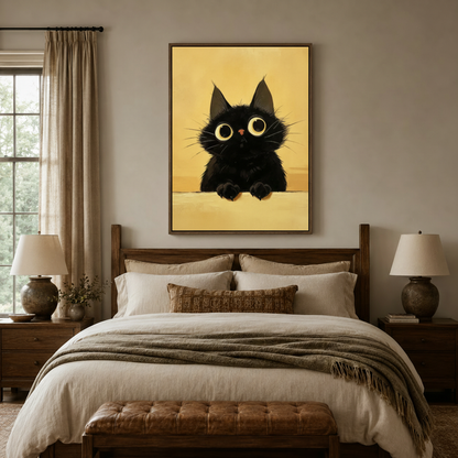 Cute black cat canvas wall art displayed above bed in cozy neutral bedroom